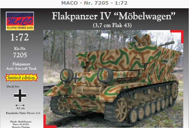 计算机生成了可选文字: MACO - Nr. 7205 - 1:72 Flakpanzer IV "Möbelwagen" (3,7 cm Flak 43) 1:72 Kit-Nr. 7205 Anti Aircraft Tank limited edition 214 