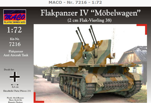 计算机生成了可选文字: MACO - Nr. 7216 - 1:72 Flakpanzer IV ' 'Möbelwagen" (2 cm Flak-Vierling 38) Moon 1:72 Kit-NC. 7216 Flak panzer Anti Aircraft Tank 