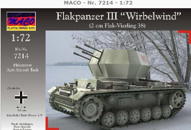计算机生成了可选文字: MACO - Nr. 7214 - 1:72 Flakpanzer III "Wirbelwincl” (2 cm Flak-Viecling 38) 1:72 7214 Flakpayzer _•%nti Tank 
