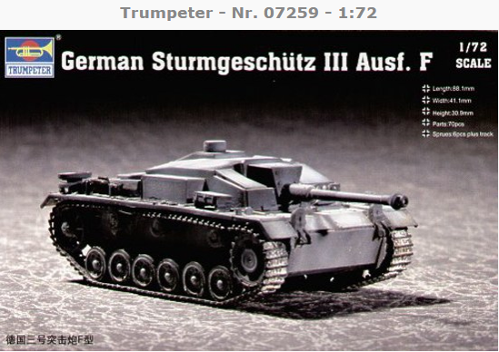计算机生成了可选文字: Trumpeter - Nr. 07259 - 1:72 1/72 German Sturmgeschiitz Ill Ausf. F SCALE 